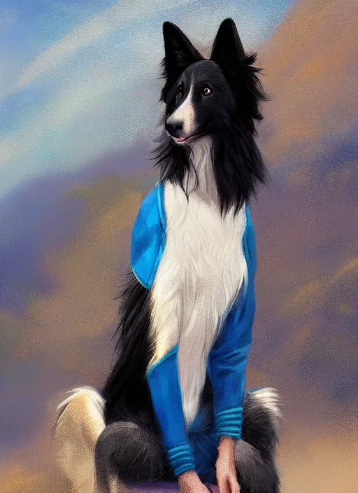 Prompt: beautiful portrait of a cute male anthropomorphic border collie fursona wearing a blue tracksuit in idaho. by charlie bowater, henry asencio, and ross tran. scenic background, detailed, concept art, detailed hands, glamor pose, aesthetic, trending on artstation, top rated on furaffinity and deviantart