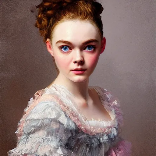 Prompt: professional painting of Elle Fanning in the style of Nikolay Makovsky, head and shoulders portrait, symmetrical facial features, smooth, sharp focus, illustration, intricate, stormy weather, extremely detailed masterpiece,