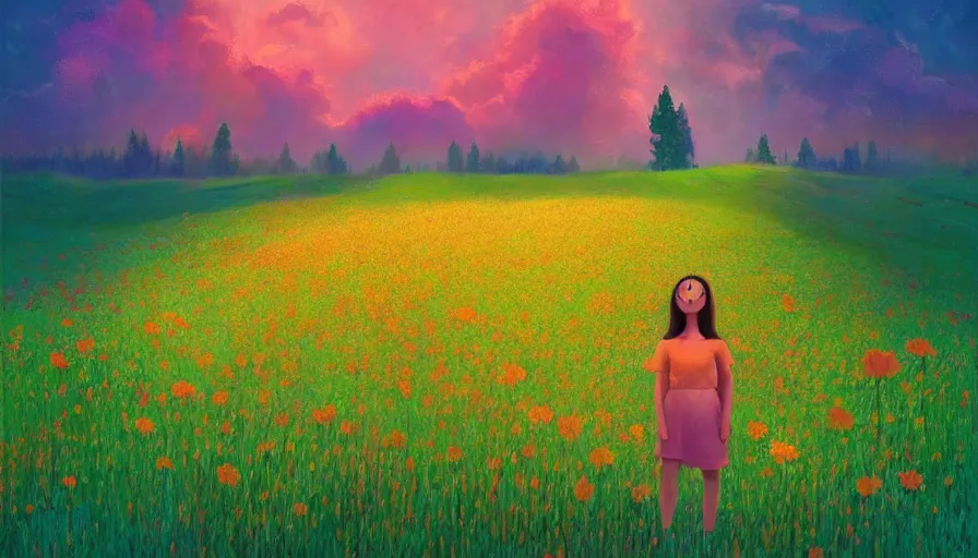 Image similar to girl with a flower face, surreal photography, dream, standing in flower field, hills, big trees, sunrise dramatic light, impressionist painting, colorful clouds, digital painting, pointillism, artstation, simon stalenhag, surreal