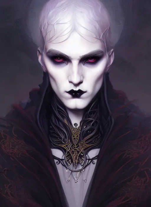 Image similar to beautiful goth ethereal male portrait, art nouveau, fantasy, intricate arcane wiccan designs, elegant, highly detailed, digital painting, artstation, concept art, matte, sharp focus, illustration, art by Artgerm and Greg Rutkowski and WLOP