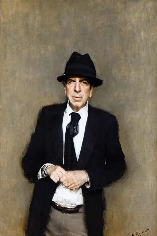 Image similar to Leonard Cohen, wearing a trilby hat, portrait by John Singer Sargent, Frank McCarthy, Robert McGinnis