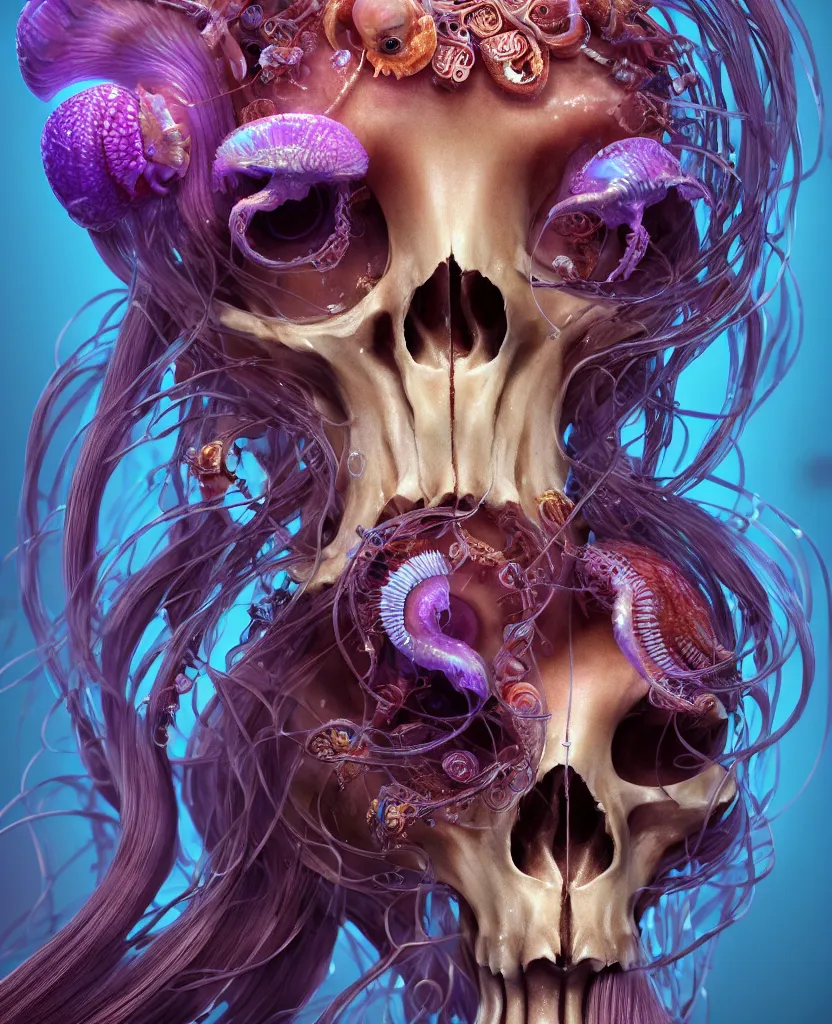 Image similar to goddess princess face close-up portrait ram skull. jellyfish phoenix head, nautilus, orchid, skull, betta fish, bioluminiscent creatures, intricate artwork by Tooth Wu and wlop and beeple. octane render, trending on artstation, greg rutkowski very coherent symmetrical artwork. cinematic, hyper realism, high detail, octane render, 8k