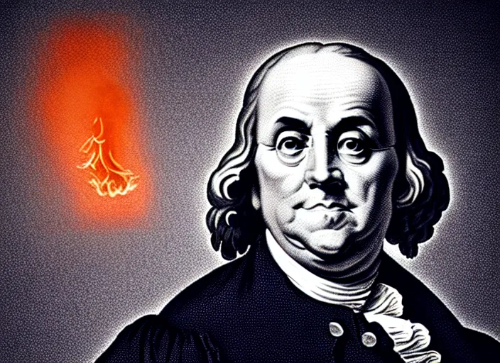 Prompt: Benjamin Franklin looking at U.S. Constitution on fire,Judge's Gavel,Smoke,Fog Mads Berg, Karolis Strautniekas,stippled light, dramatic lighting,fine texutre, editorial illustration,matte print, film noir, dark blue+dark red+orange+beige+blue+white,dynamic composition,moody