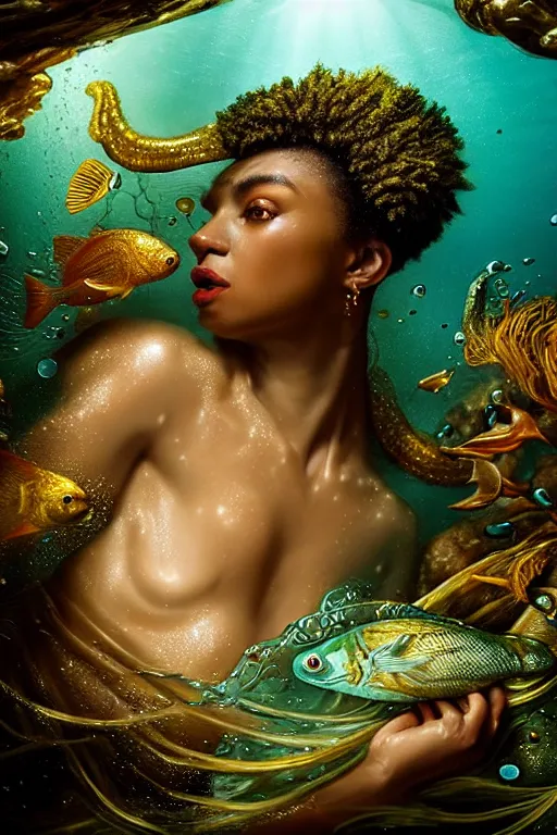 Image similar to hyperrealistic neo - rococo cinematic half underwater scene with fish and algae, very expressive! translucent elegant african goddess getting out of water, gold jewerly, highly detailed face, digital art masterpiece, aykut aydogdu zener, dramatic volumetric light, long shot, low angle uhd 8 k, sharp focus