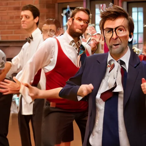 Image similar to closeup promotional image of an David Tennant as (Tenth Doctor Who) at a polka dance-off contest at the YMCA basketball gym, around the gym everyone is cheering, in the background the Tardis door is wide open to the interior, frenetic, quirky, movie still, promotional image, imax, digital art, hyper detailed, sharp focus, f8