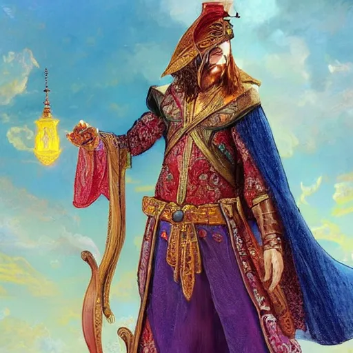 Image similar to charming tailor of middle - eastern descent, dressed in fine colorful robes and jewelry over fantasy armor, goatee, smirking, holding a magic needle, fantasy art by barret frymire by artem priakhin, art by artgerm and greg rutkowski and alphonse mucha, artstation, matte, illustration, intricate, highly - detailed high resolution