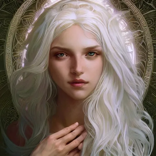 Prompt: goddess, white hair, long hair, hands open for a hug, intricate, elegant, ethereal, highly detailed, digital painting, artstation, concept art, smooth, sharp focus, illustration, art by artgerm and greg rutkowski and alphonse mucha