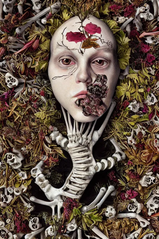 Image similar to a man with large eyes and lips laying in bed of bones of flowers, he feels an existential dread of love, fleshy muscles, HD Mixed media, highly detailed and intricate, surreal illustration in the style of Caravaggio, baroque dark art