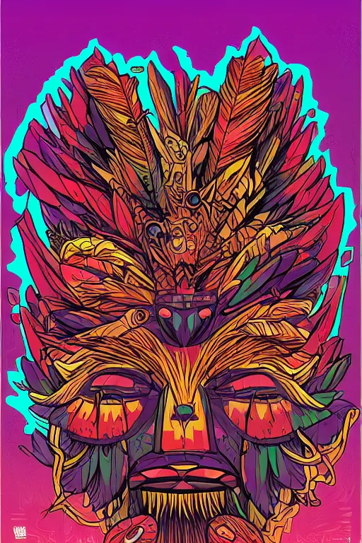 Image similar to totem animal mask tribal feather gemstone plant wood rock shaman vodoo video game vector cutout illustration vivid multicolor borderlands comics by josan gonzales and dan mumford radiating a glowing aura