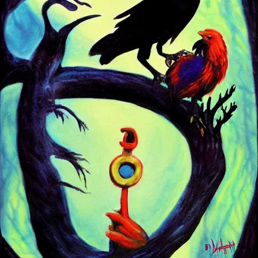 Image similar to fantasy painting of a raven by dr seuss | horror themed | creepy