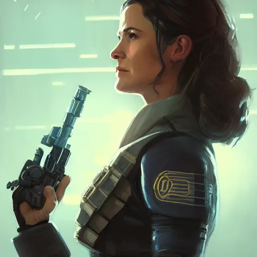 Prompt: portrait of a woman by greg rutkowski, grand jedi master jaina solo, star wars expanded universe, she is about 6 0 years old, wearing the tactical gear of the galactic alliance, highly detailed portrait, digital painting, artstation, concept art, smooth, sharp foccus ilustration, artstation hq