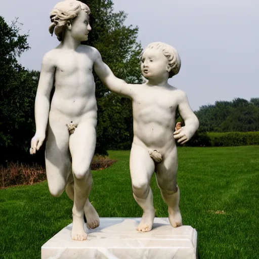 Prompt: a classical marble statue of two children holding hands and running