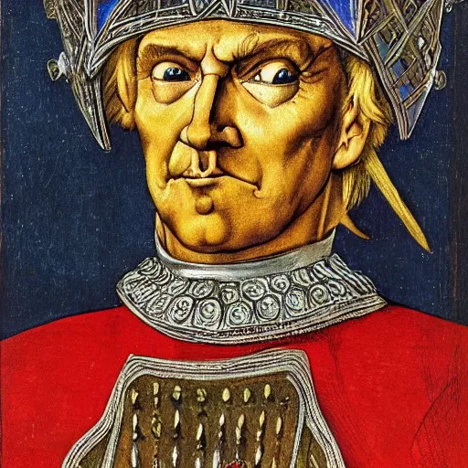Prompt: knights armor, donald trump, crown, donald trump's face, detailed face, posing like a knight, vibrant colors, medieval, 1 5 0 0 s america, by hans thoma