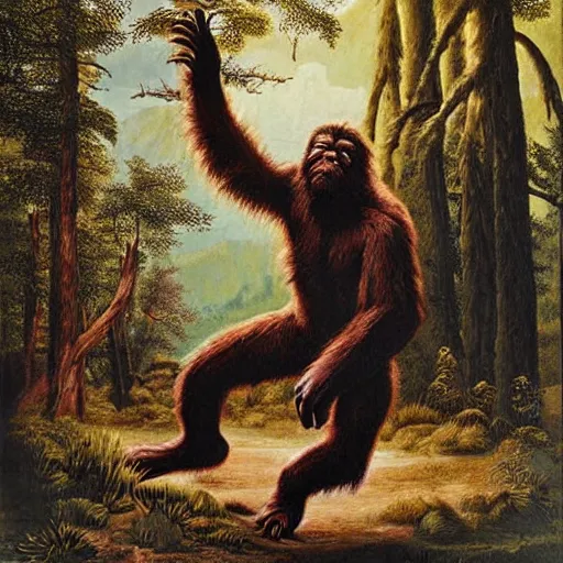 Image similar to sasquatch fighting with aboriginal tribe painting by john glover