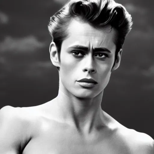 Image similar to man who is a genetic combination of sigourney weaver and james dean, face and upper body focus