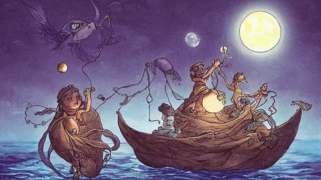 Image similar to a large!! surfacing!!! anglerfish!!!!! meets a lantern!! - holding!!!!! sailor!! on a ( sloop ), ( background with large full moon and purple sky ), in the styles of tom coletti, jorge jacinto, and thomas veyrat intricate, accurate details