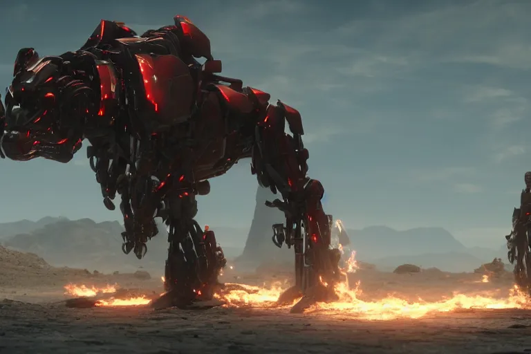 Image similar to a cinematic still from Westworld, red mech, armored core, octane render, nvidia raytracing demo, masterpiece