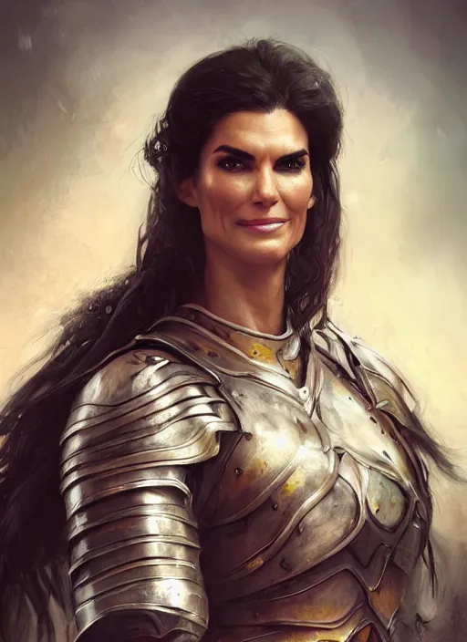 Image similar to portrait of angie harmon as a legendary knight warrior, au naturel, hyper detailed, digital art, trending in artstation, cinematic lighting, studio quality, smooth render, unreal engine 5 rendered, octane rendered, art style by klimt and nixeu and ian sprigger and wlop and krenz cushart.