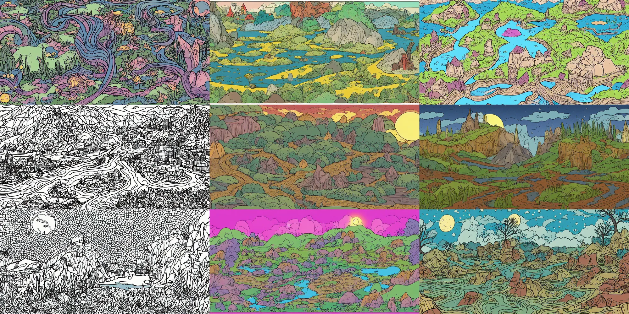 Prompt: detailed flat color, cell shaded, magical fantasy landscape