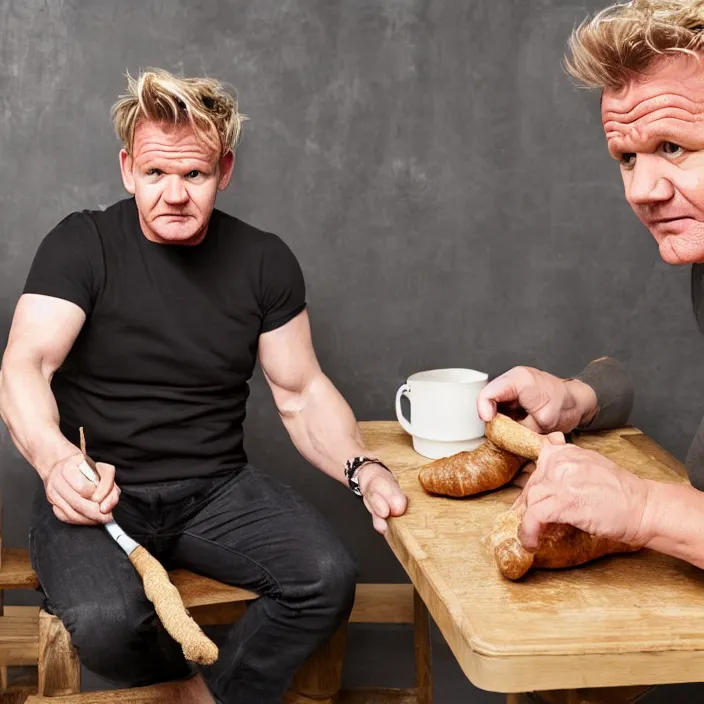 Prompt: digital photography of gordon ramsay, sitting on a rocking chair, knitting a beef wellington. high quality, medium far shot