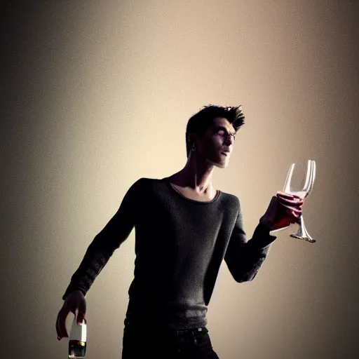 Image similar to Ultra realistic full shot of a male model boisterously dancing around the room by himself holding an empty wine bottle as he jumps in the air, cyberpunk, sci-fi, fantasy, Kodak colour led, soft light, volumetric lighting ,night, intricate, elegant, highly detailed, digital painting, artstation, concept art, smooth, sharp focus, illustration, art by artgerm and greg rutkowski and alphonse mucha