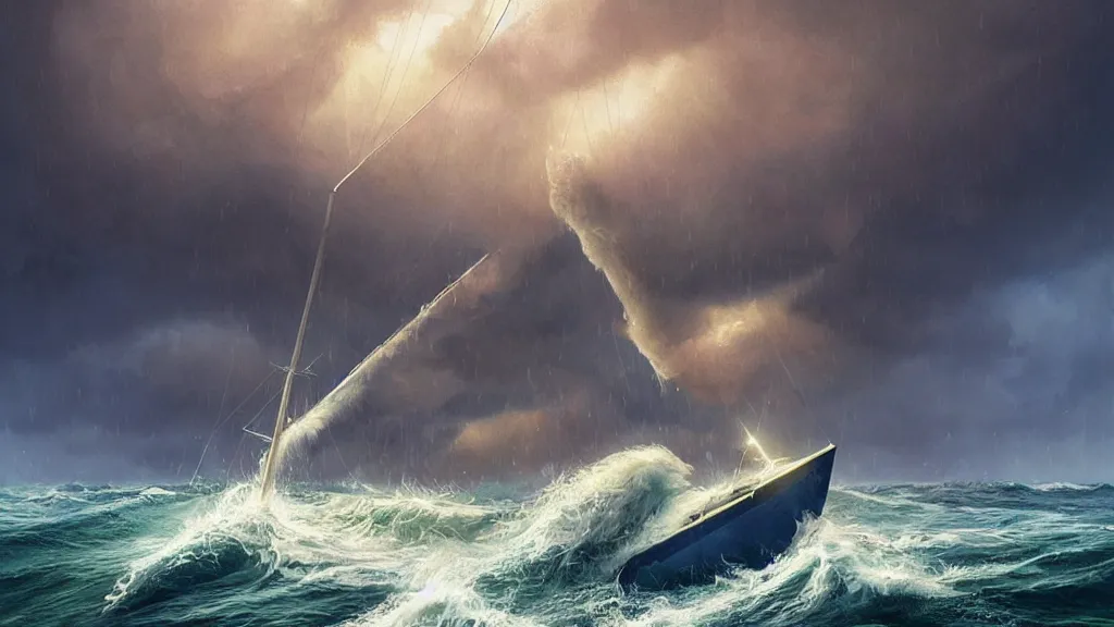 Image similar to a gigantic cat bursting out of a stormy sea attacking a small sail boat, wet fur, giant waves, sunbeams in background, intricate, detailed, volumetric lighting, sharp focus, scenery, photorealism, digital painting, highly detailed, concept art, by roger dean and simon stalenhag and mark brooks