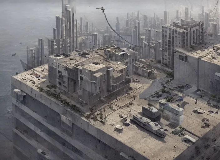 Image similar to a brutalist concrete harbor, architecture, a realistic digital painting by greg rutkowski and james gurney, trending on artstation, highly detailed