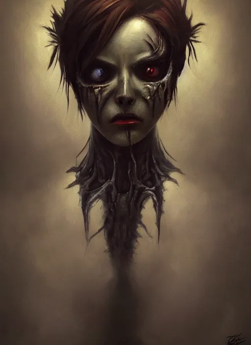 Image similar to dark portrait painting of tracer from overwatch, in style of zdzisław beksinski, scary, horror, 4 k, feminine facial features, overwatch tracer character, horror, body horror, disturbing, detailed face, dressed in dark garment, black tendrils, tall,