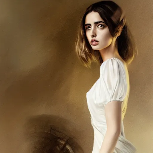 Prompt: portrait of beautiful happy young ana de armas wearing a beautiful silky white dress, painted by greg rutkowski