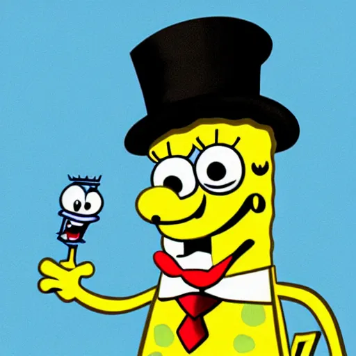 Prompt: spongebob squarepants with a tophat and monocle, portrait, digital illustration, fanart trending on artstation