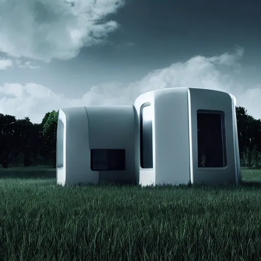 Image similar to a futuristic medium-sized home in the middle of an empty field, hyper-realistic, 4K resolution, dark cinematic, hyperrealism, volumetric lighting, ultra-detailed