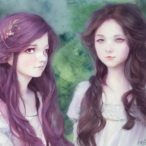 Image similar to a highly detailed portrait of sisters with purpure very very long hair, There are large snow-white peonies in the background, artstation, watercolor, highly detailed, portrait, by krenz cushart