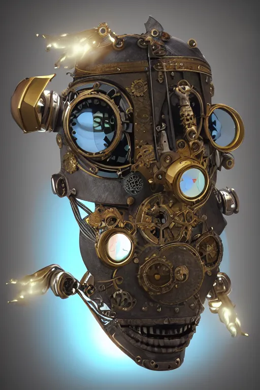 Image similar to steampunk mask minimalist fantasy art robot ninja helmet, global illumination ray tracing hdr fanart arstation by sung choi and eric pfeiffer and gabriel garza and casper konefal radiating a glowing aura