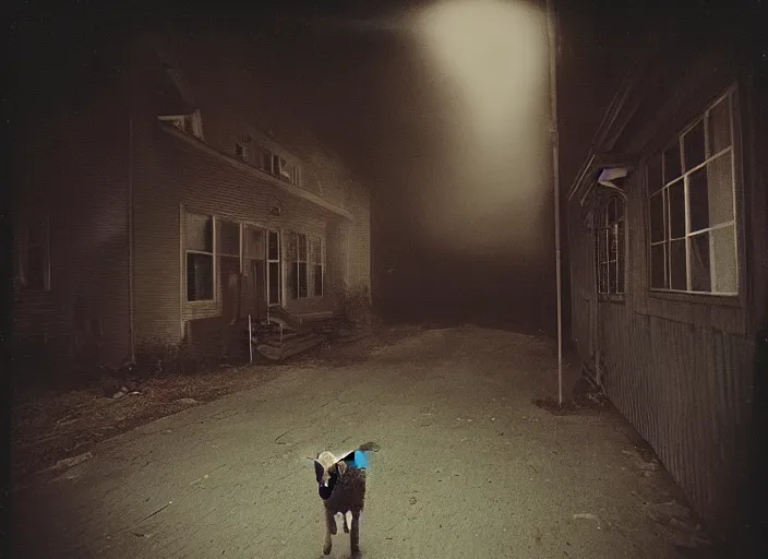 Image similar to medium shot, a lamb with red eyes, evil, horror, scary, night, polaroid photo, vintage, neutral colors, by gregory crewdson,