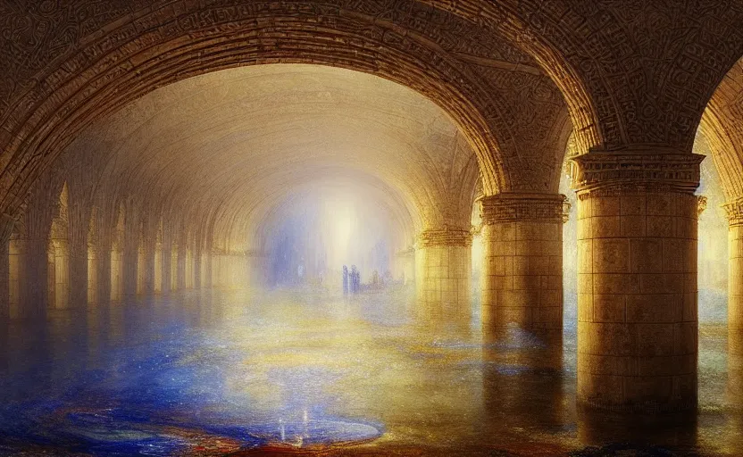 Image similar to tiled room squared waterway, aqueducts, fantasy. intricate. by artstation trending, by joseph mallord william turner, luis royo, konstantin razumov, cinematic lighting, fractal flame, highly detailed