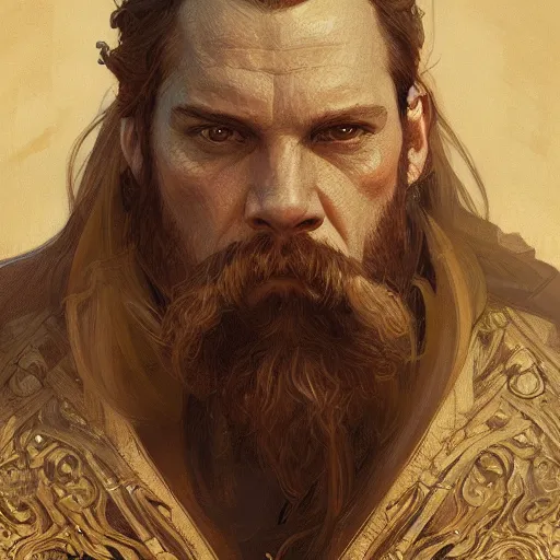 Image similar to gimli, face, fantasy, intricate, elegant, highly detailed, digital painting, artstation, concept art, smooth, sharp focus, illustration, art by greg rutkowski and alphonse mucha