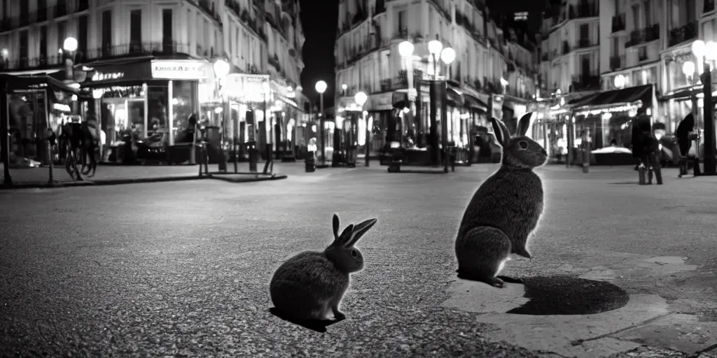 Image similar to a rabbit sitting outside a cafe in paris at night, the eiffel tower is visible in the background, black and white photograph