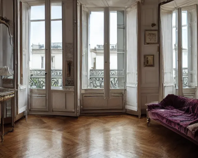 Image similar to a beautiful parisian apartment with and antique furniture with a view of the city, interior design, architecture, key lighting, soft lights, by steve hanks, by edgar maxence, by caravaggio, by michael whelan, by delacroix, by serov valentin, by tarkovsky, 8 k render, detailed, oil on canvas