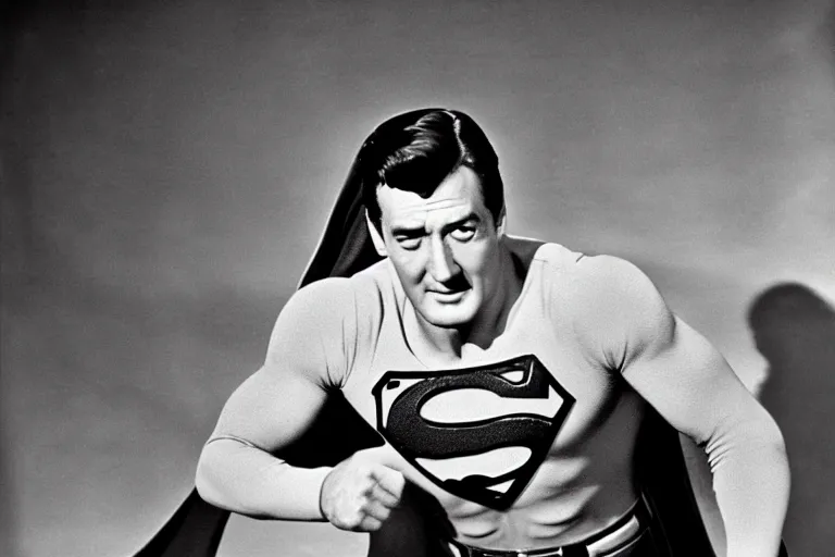 Image similar to rock hudson playing superman in, superhero, dynamic, 3 5 mm lens, heroic, studio lighting, in colour