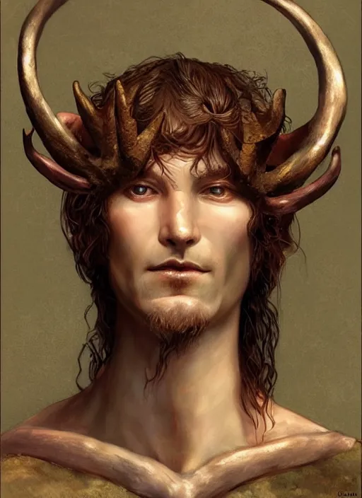 Image similar to a fantasy character portrait of a faun, a humanioid creature of the forest, an old pagan god designed by guillermo del toro, symmetry, highly detailed digital painting, trending on artstation, art by edmund blair leighton and phil hale and ilya repin and charlie bowater