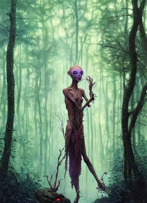 Image similar to hyper realistic magic alien in the woods in a river gorgeous lighting, lush forest foliage blue sky a hyper realistic painting by chiara bautista and beksinski and norman rockwell and greg rutkowski, tom bagshaw weta studio, and lucasfilm