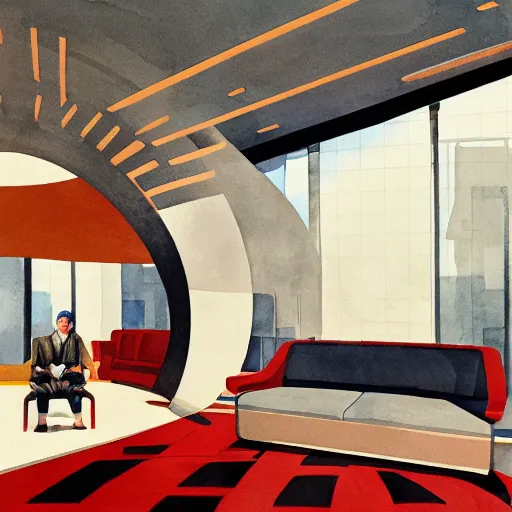 Image similar to a beautiful illustration of futuristic interior hall, lots of furniture, sofa, waiting room, big medium small, sacred geometry, golden ratio, in watercolor gouache detailed paintings, in style of syd mead, trending on artstation,8k, panel, hard surface, vent, zaha hadid