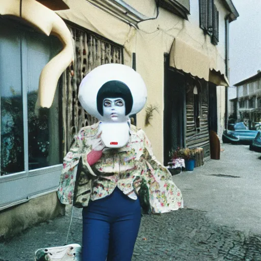 Image similar to 1976 glamorous middle aged woman wearing a transluscent inflatable toy head in a small European village 1976 French film archival footage technicolor film expired film 16mm Fellini Doris Wishman new wave John Waters movie still