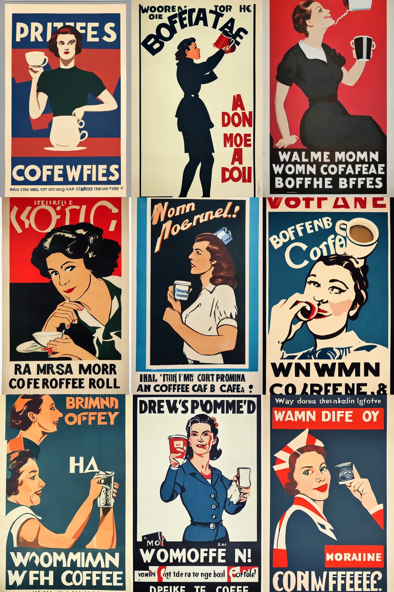 Prompt: british propaganda poster, woman, drink more coffee, roll sleeves up