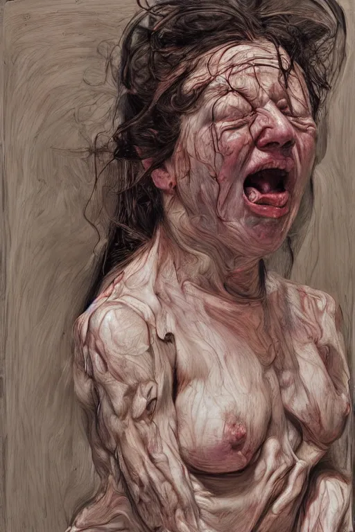 Image similar to portraits of a woman enraged, part by Jenny Saville, part by Lucian Freud, part by moebius