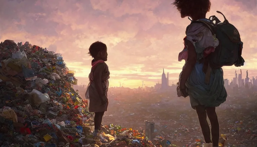 Image similar to poor detailed child with backpack looking for food at garbage dump, city is pure wasteland, sunset in background, greg rutkowski, alphonse mucha, trending on artstation, artgerm, breathtaking, sharp focus, smooth, mark arian, award winning, highly detailed 4 k art