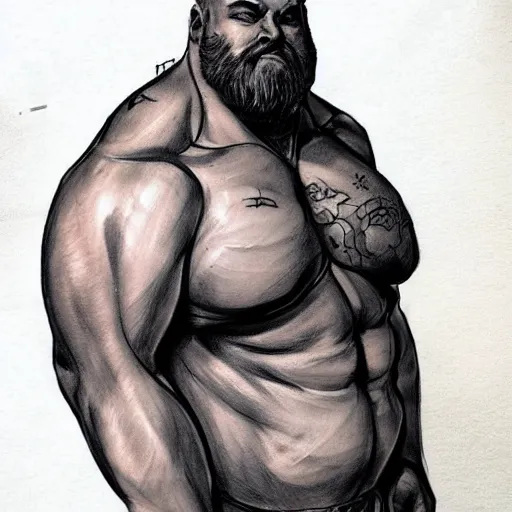 Image similar to tattoo sketch art of chonky ethan van sciver with bald head and a trimmed grey beard, artstation, cgsociety, detailed