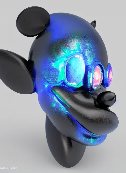 Image similar to mickey mouse head, fractal, broken, wet, mycelium, radiant alien, rococo, baroque, automotive, bio-mechanical, porcelain, iridescent sub surface scattering, octane render