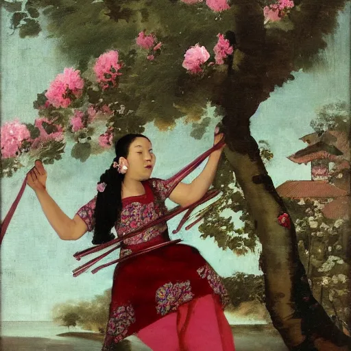 Image similar to A women in a peony dress swings on a flower swing in Bali style by velasquez