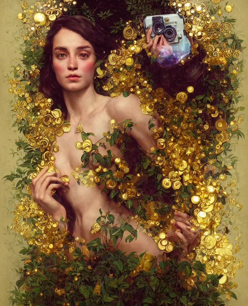 Image similar to hyper realistic photographer looking through a vintage medium format camera, magic pouring from lens, full body pose, design on white background, beautiful details, lush foliage cyberpunk, gold, drawn by john singer sargent, tom bagshaw, norman rockwell, alphonso mucha, lolish, trending on artstation